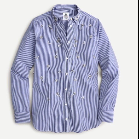 NWT J.CREW Collection Thomas Mason Embellished Shirt, Blue & White Stripe, Sz 16 - Picture 1 of 12